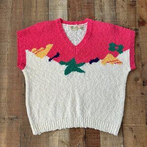 Vintage Harrington Park 80s Acrylic Knit Sweater Vest L Bright Floral Design